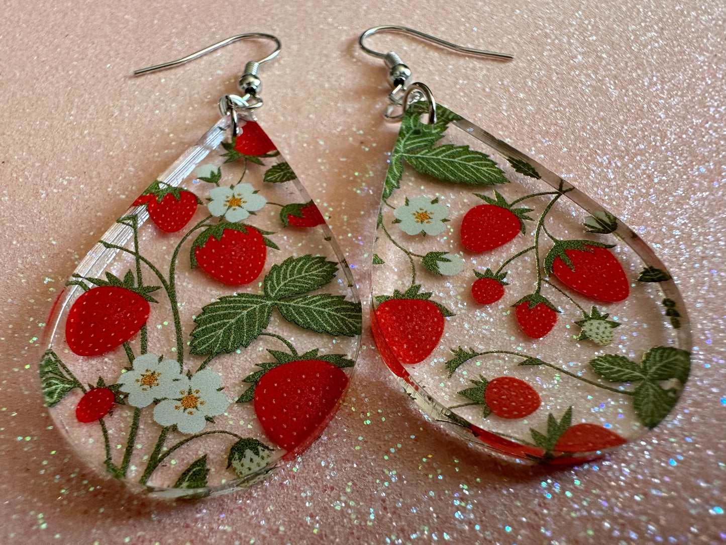 Strawberry Earrings: Laser Cut Acrylic Strawberries, Fruit, Juicy, Summer Vibes, Food Earrings, Green Earrings, Best Gifts for Her/Him/Them