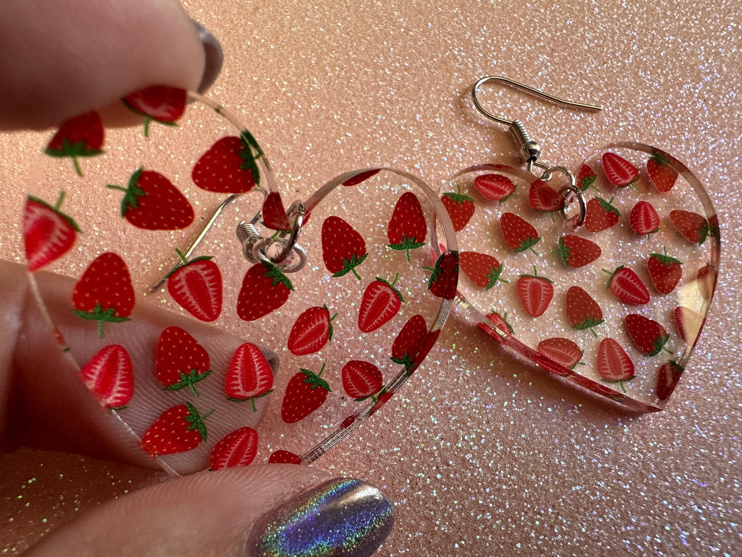 Strawberry Earrings: Laser Cut Acrylic Strawberries, Fruit, Juicy, Summer Vibes, Food Earrings, Green Earrings, Best Gifts for Her/Him/Them