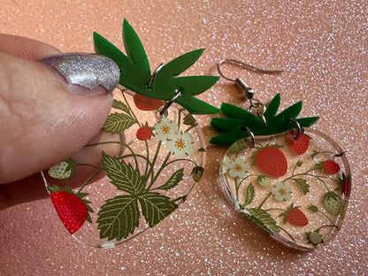Strawberry Earrings: Laser Cut Acrylic Strawberries, Fruit, Juicy, Summer Vibes, Food Earrings, Green Earrings, Best Gifts for Her/Him/Them