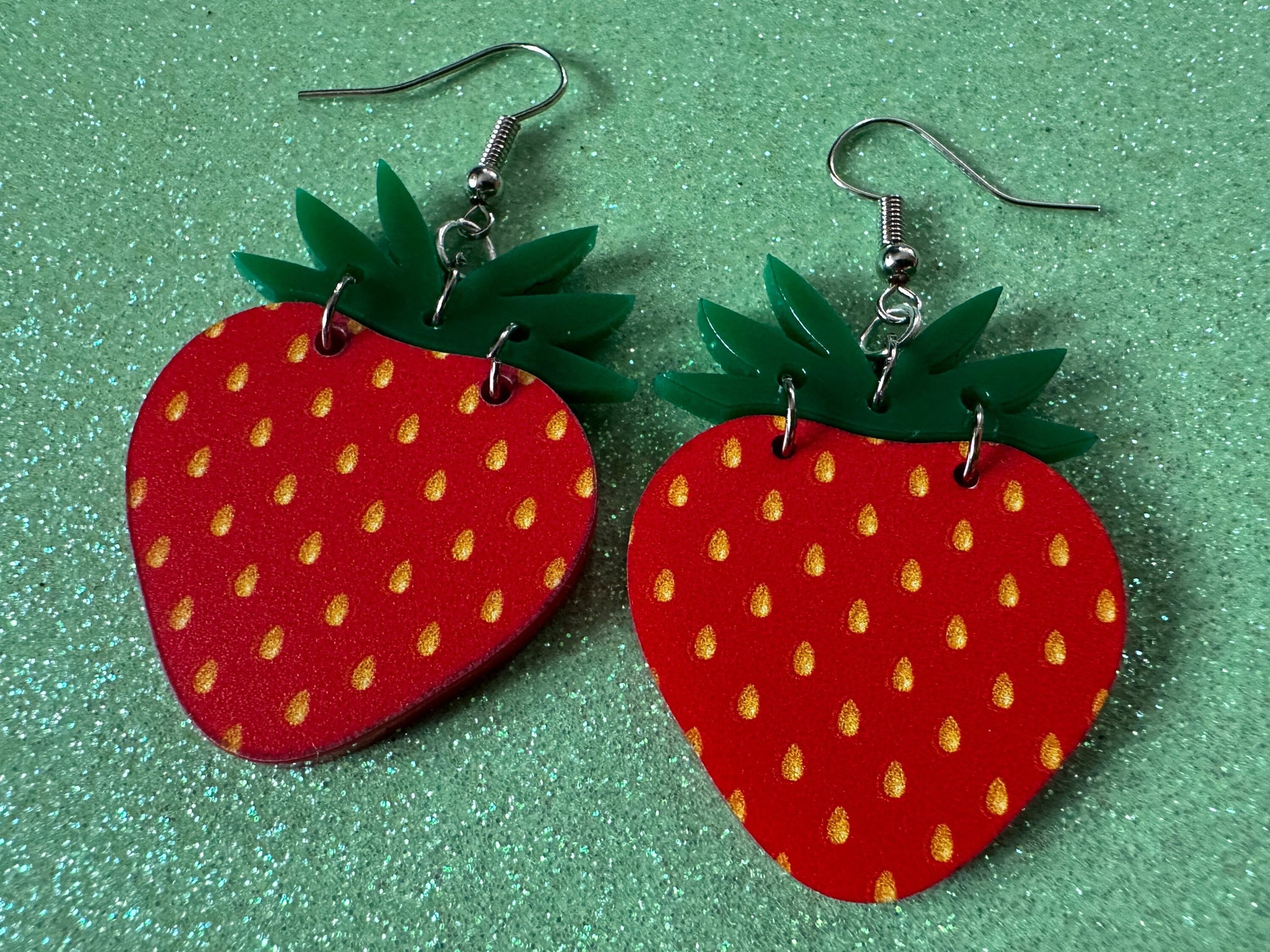 Strawberry Earrings: Laser Cut Acrylic Strawberries, Fruit, Juicy, Summer Vibes, Food Earrings, Green Earrings, Best Gifts for Her/Him/Them