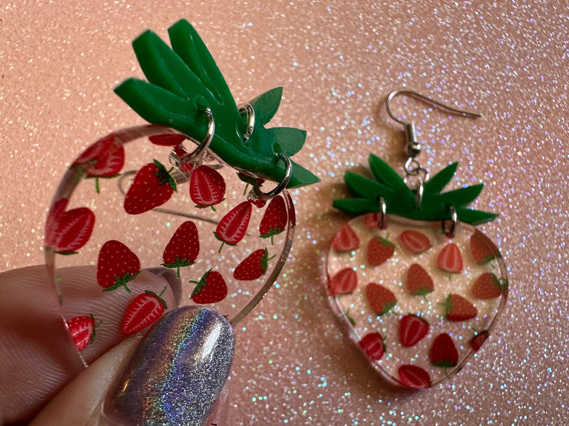 Strawberry Earrings: Laser Cut Acrylic Strawberries, Fruit, Juicy, Summer Vibes, Food Earrings, Green Earrings, Best Gifts for Her/Him/Them