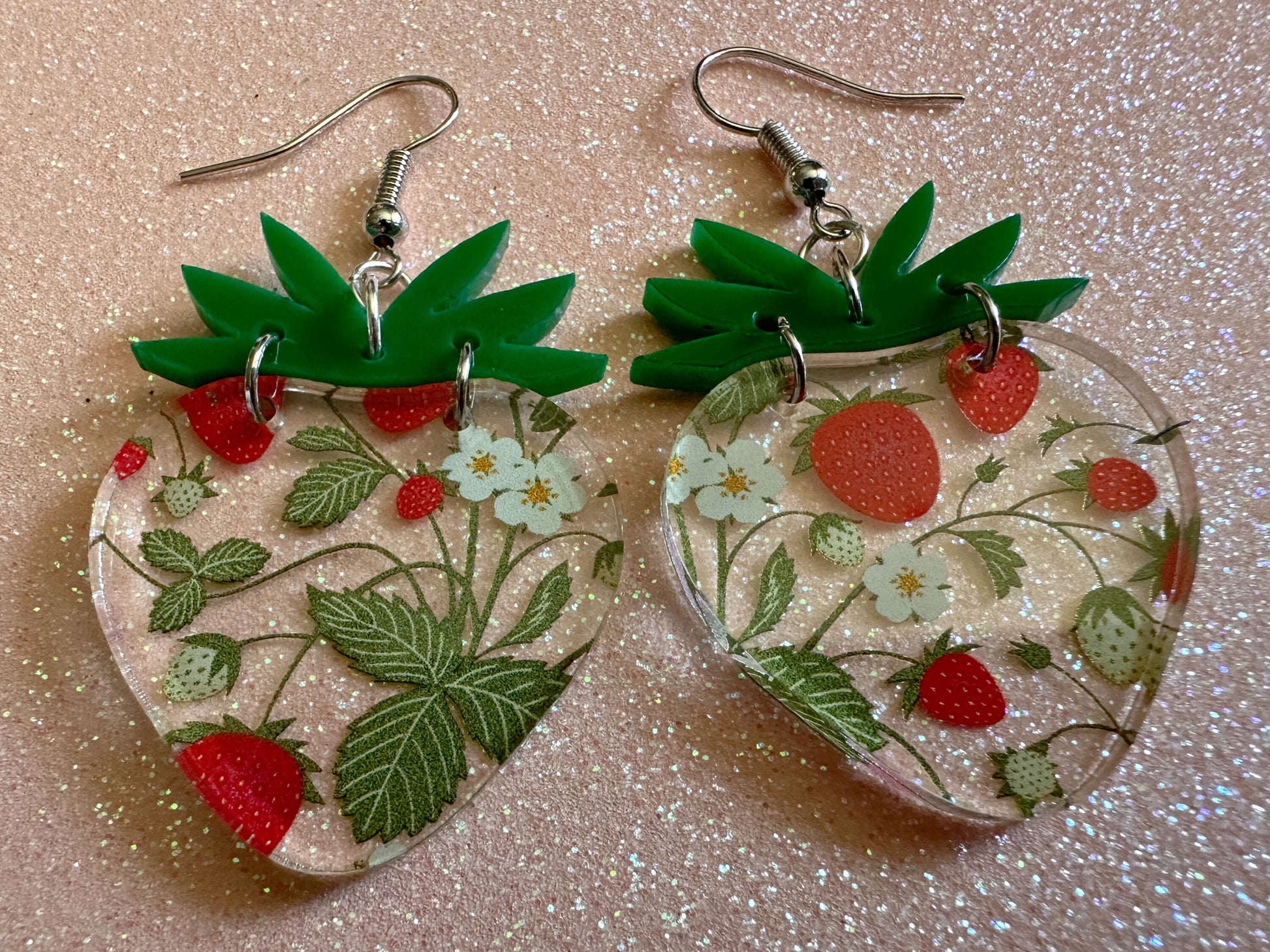 Strawberry Earrings: Laser Cut Acrylic Strawberries, Fruit, Juicy, Summer Vibes, Food Earrings, Green Earrings, Best Gifts for Her/Him/Them