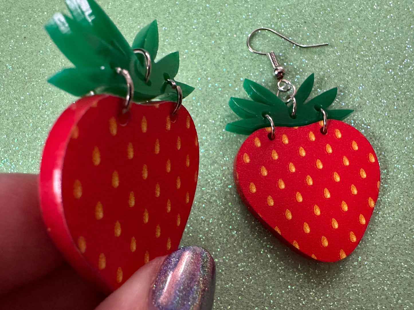 Strawberry Earrings: Laser Cut Acrylic Strawberries, Fruit, Juicy, Summer Vibes, Food Earrings, Green Earrings, Best Gifts for Her/Him/Them
