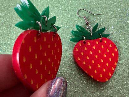 Strawberry Earrings: Laser Cut Acrylic Strawberries, Fruit, Juicy, Summer Vibes, Food Earrings, Green Earrings, Best Gifts for Her/Him/Them