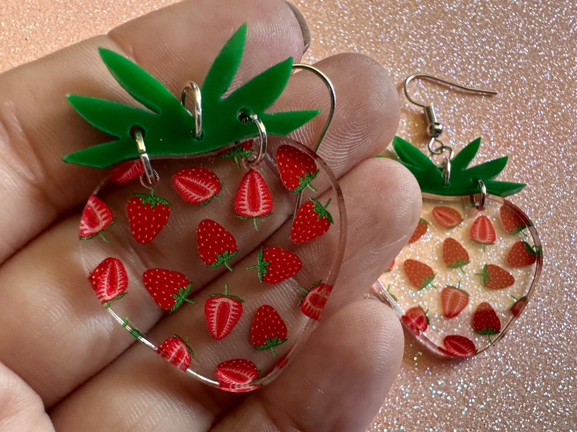 Strawberry Earrings: Laser Cut Acrylic Strawberries, Fruit, Juicy, Summer Vibes, Food Earrings, Green Earrings, Best Gifts for Her/Him/Them