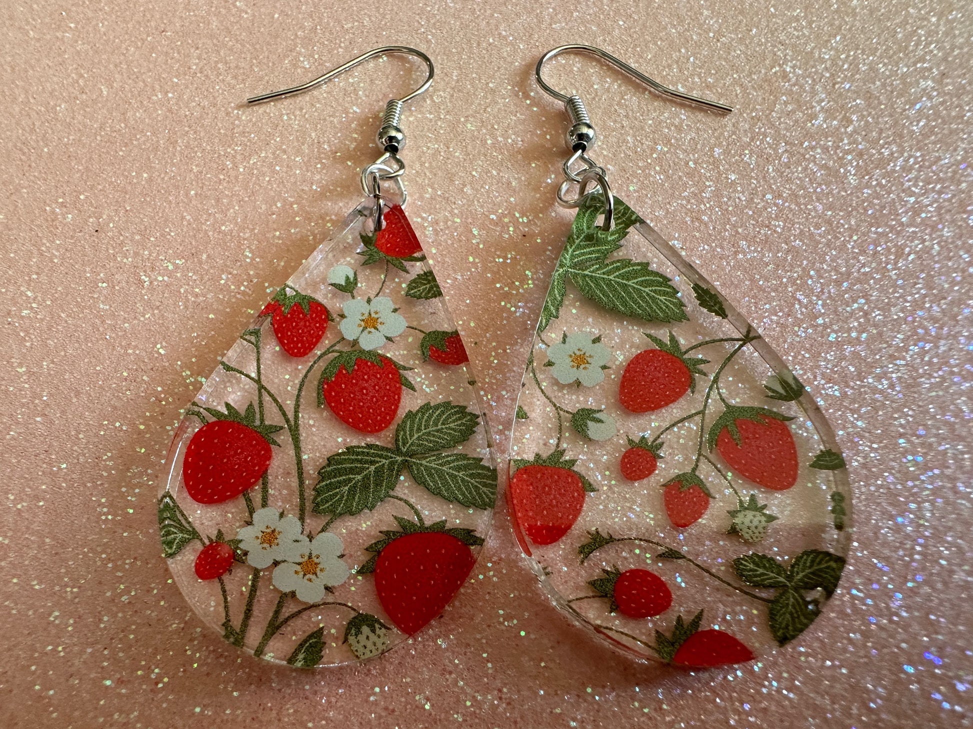 Strawberry Earrings: Laser Cut Acrylic Strawberries, Fruit, Juicy, Summer Vibes, Food Earrings, Green Earrings, Best Gifts for Her/Him/Them