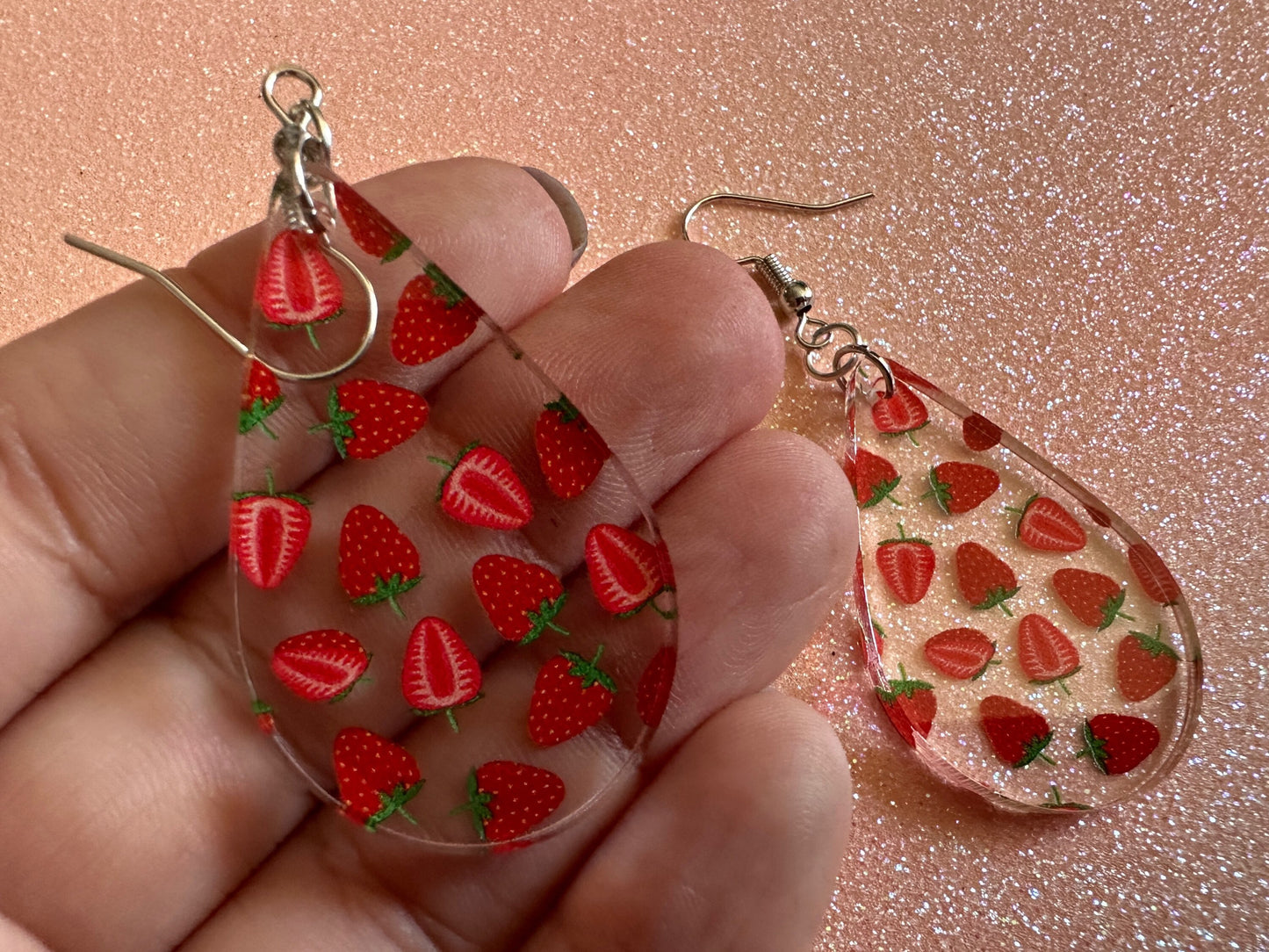 Strawberry Earrings: Laser Cut Acrylic Strawberries, Fruit, Juicy, Summer Vibes, Food Earrings, Green Earrings, Best Gifts for Her/Him/Them