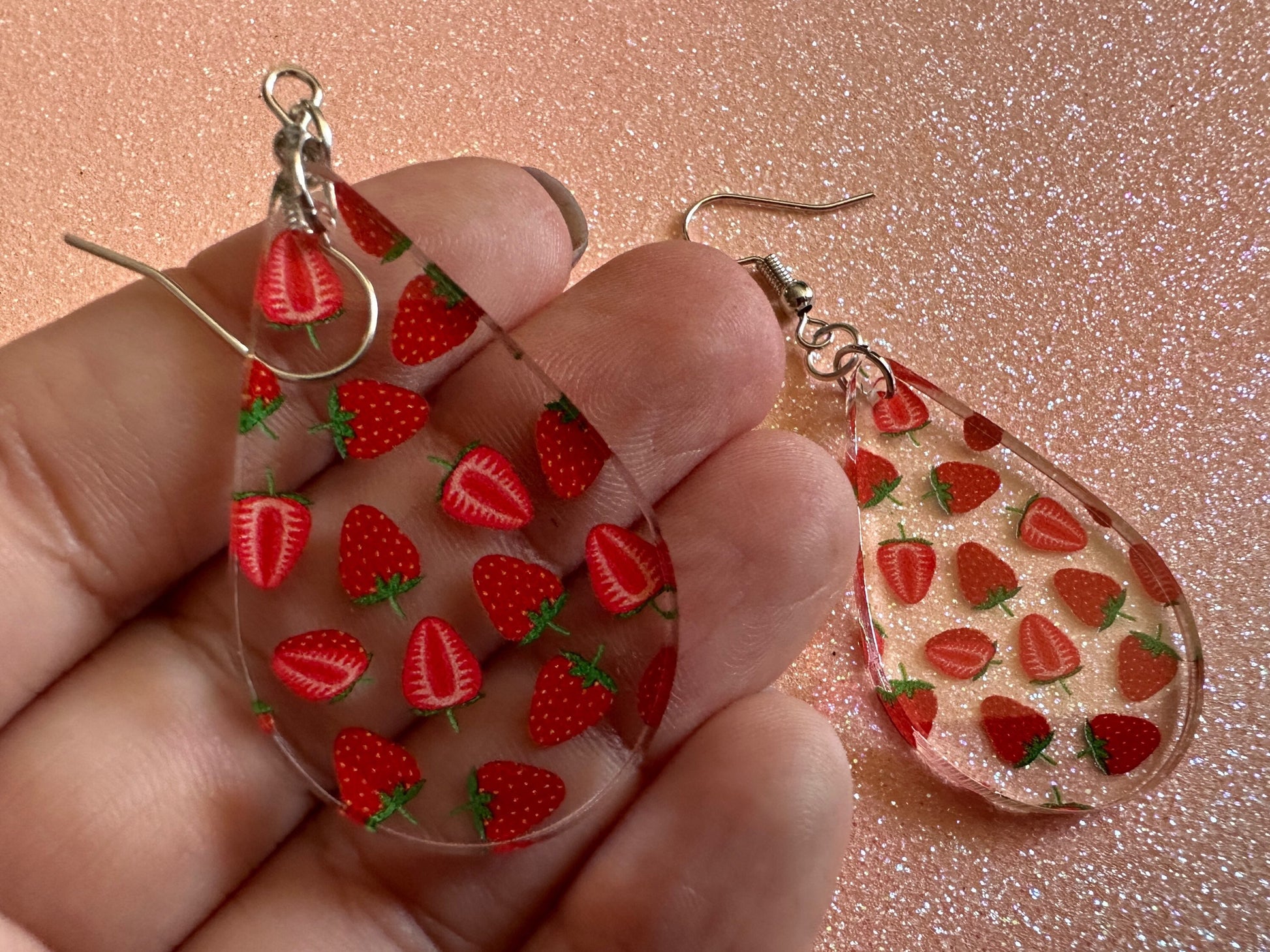 Strawberry Earrings: Laser Cut Acrylic Strawberries, Fruit, Juicy, Summer Vibes, Food Earrings, Green Earrings, Best Gifts for Her/Him/Them