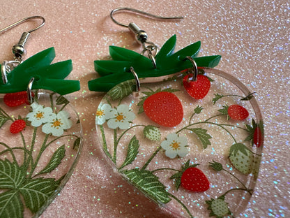 Strawberry Earrings: Laser Cut Acrylic Strawberries, Fruit, Juicy, Summer Vibes, Food Earrings, Green Earrings, Best Gifts for Her/Him/Them