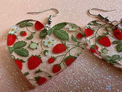 Strawberry Earrings: Laser Cut Acrylic Strawberries, Fruit, Juicy, Summer Vibes, Food Earrings, Green Earrings, Best Gifts for Her/Him/Them