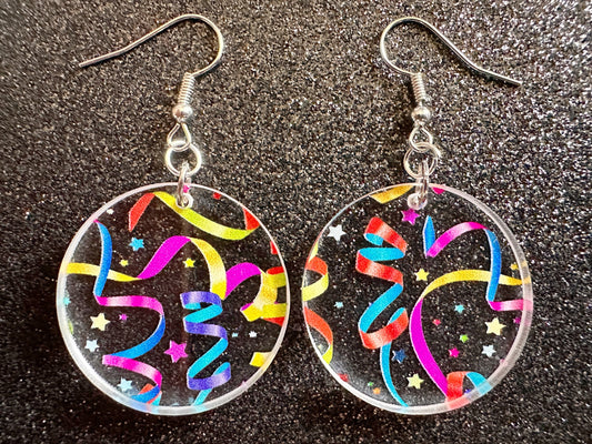 Streamer Earrings: Laser Cut Acrylic Steamers, Celebrate, Party, Festive, Colorful, Stars, Birthday, Happy, Best Gifts for Her/Him/Them