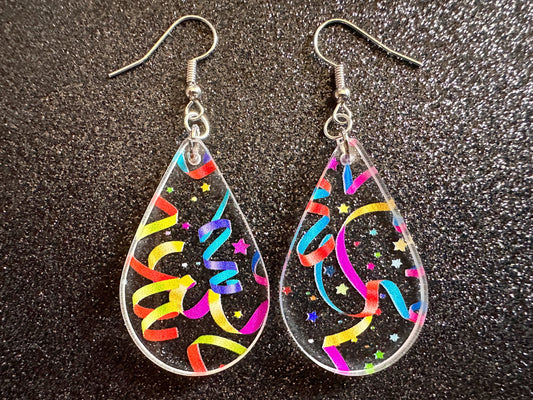 Streamer Earrings: Laser Cut Acrylic Steamers, Celebrate, Party, Festive, Colorful, Stars, Birthday, Happy, Best Gifts for Her/Him/Them