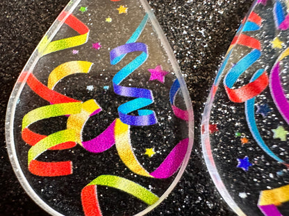 Streamer Earrings: Laser Cut Acrylic Steamers, Celebrate, Party, Festive, Colorful, Stars, Birthday, Happy, Best Gifts for Her/Him/Them