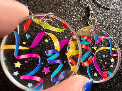 Streamer Earrings: Laser Cut Acrylic Steamers, Celebrate, Party, Festive, Colorful, Stars, Birthday, Happy, Best Gifts for Her/Him/Them