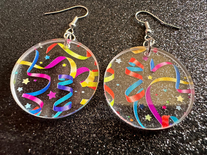 Streamer Earrings: Laser Cut Acrylic Steamers, Celebrate, Party, Festive, Colorful, Stars, Birthday, Happy, Best Gifts for Her/Him/Them