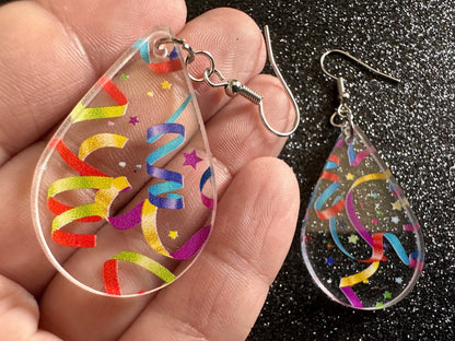Streamer Earrings: Laser Cut Acrylic Steamers, Celebrate, Party, Festive, Colorful, Stars, Birthday, Happy, Best Gifts for Her/Him/Them