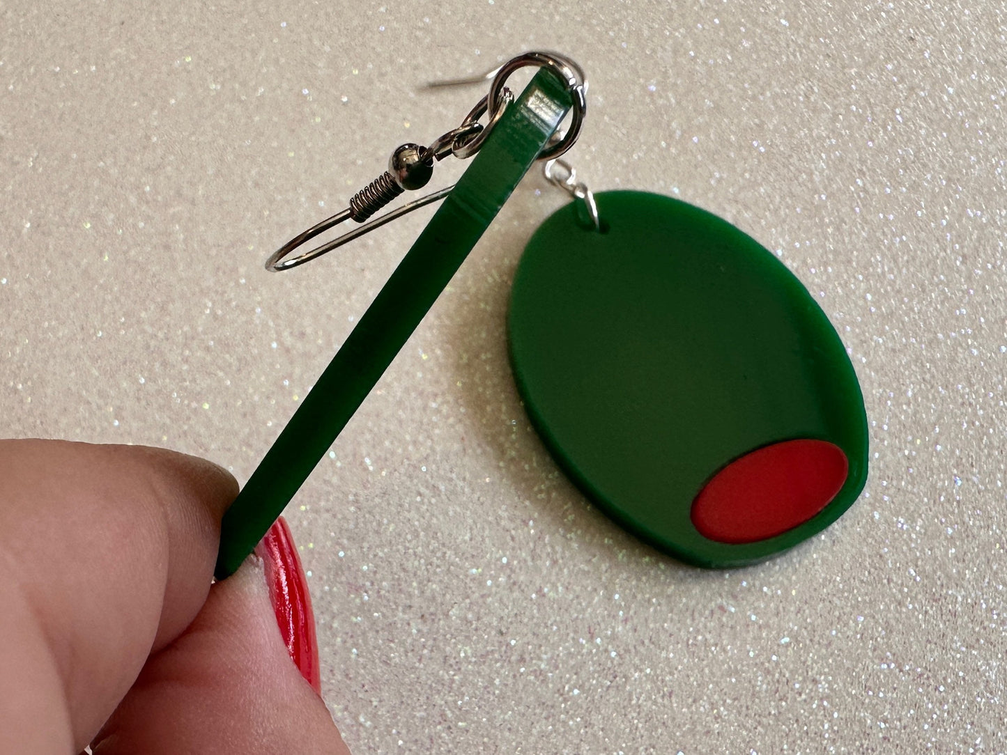 Stuffed Olive Earrings: Laser Cut Acrylic Olives, Charcuterie, Gourmet, Snack, Green Earrings, Cooking, Chef, Gifts for Her/Him/Them
