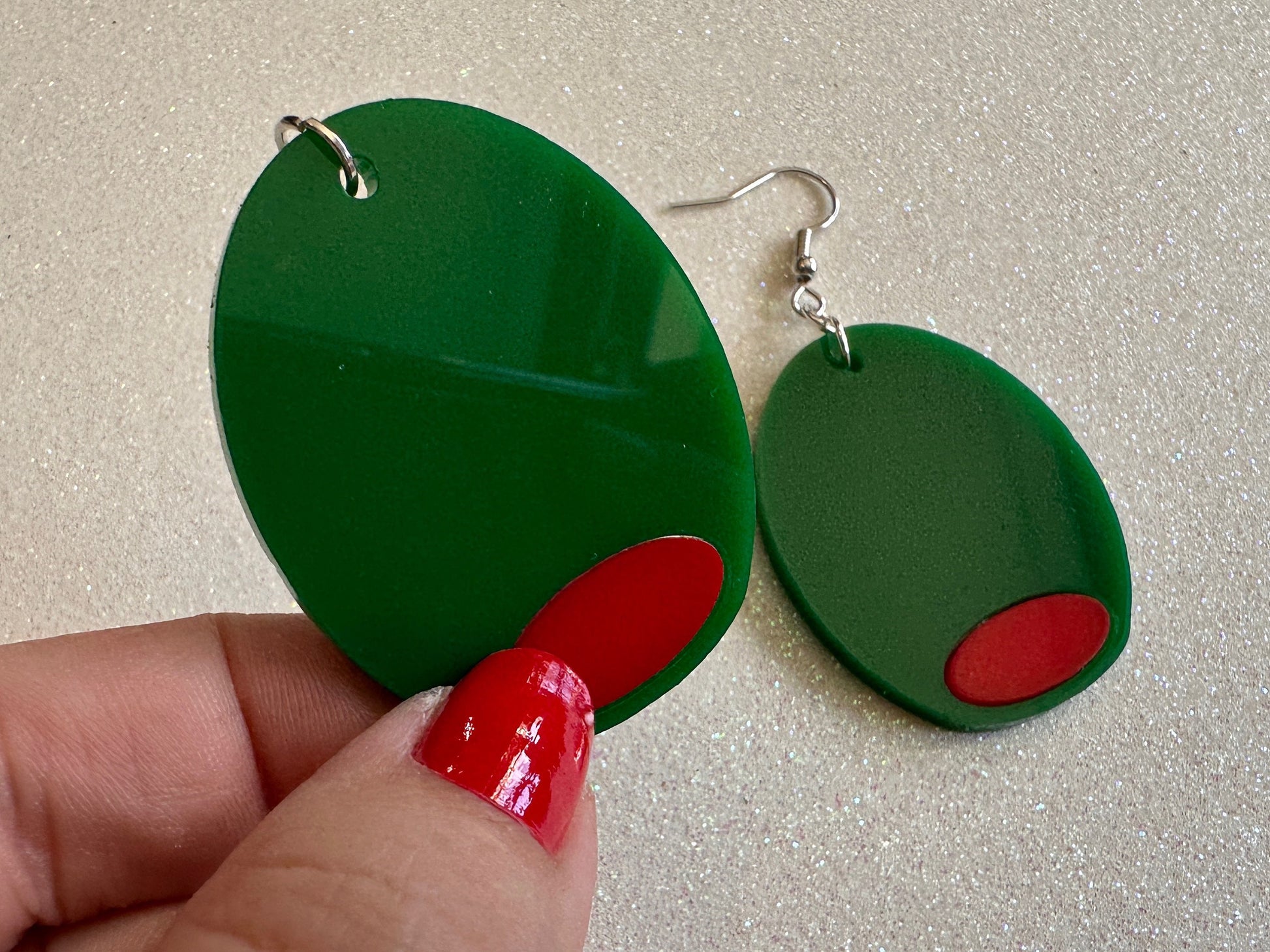 Stuffed Olive Earrings: Laser Cut Acrylic Olives, Charcuterie, Gourmet, Snack, Green Earrings, Cooking, Chef, Gifts for Her/Him/Them