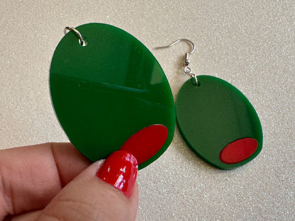 Stuffed Olive Earrings: Laser Cut Acrylic Olives, Charcuterie, Gourmet, Snack, Green Earrings, Cooking, Chef, Gifts for Her/Him/Them