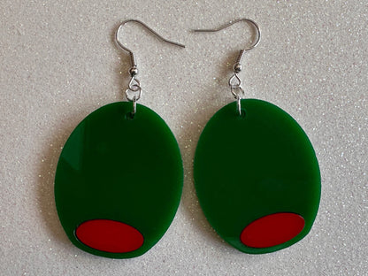 Stuffed Olive Earrings: Laser Cut Acrylic Olives, Charcuterie, Gourmet, Snack, Green Earrings, Cooking, Chef, Gifts for Her/Him/Them