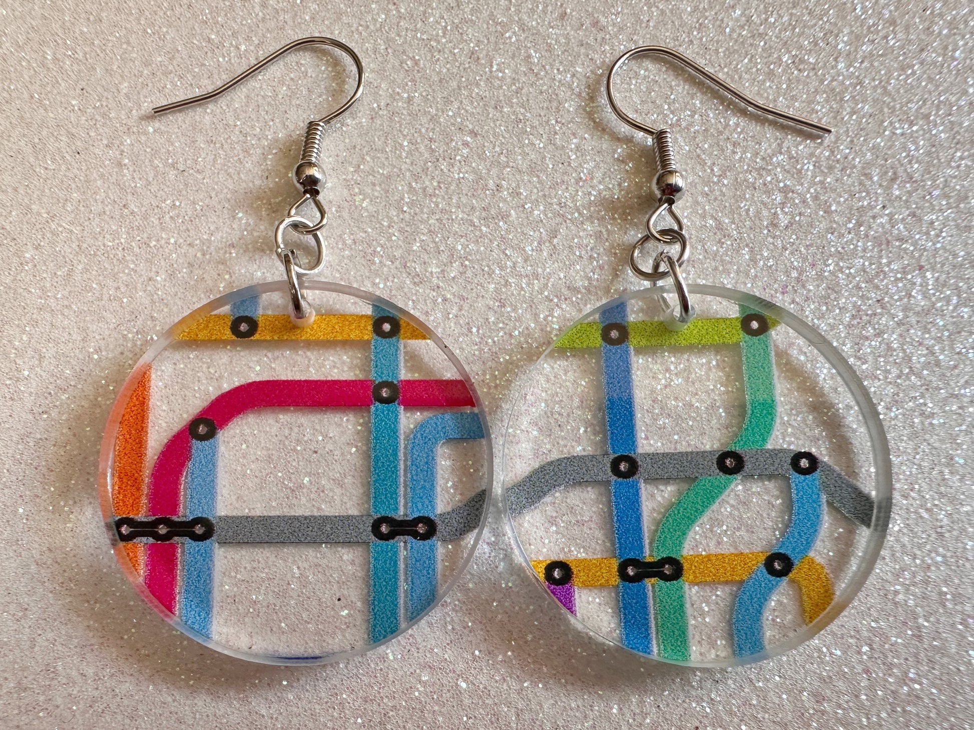 Subway Earrings: Laser Cut Acrylic Subway Map, NYC Subway, Metro, Underground, Travel, Train, U-Bahn, Colorful, Best Gifts for Her/Him/Them