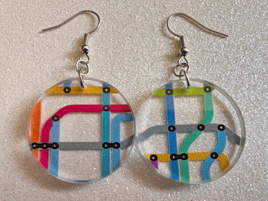 Subway Earrings: Laser Cut Acrylic Subway Map, NYC Subway, Metro, Underground, Travel, Train, U-Bahn, Colorful, Best Gifts for Her/Him/Them