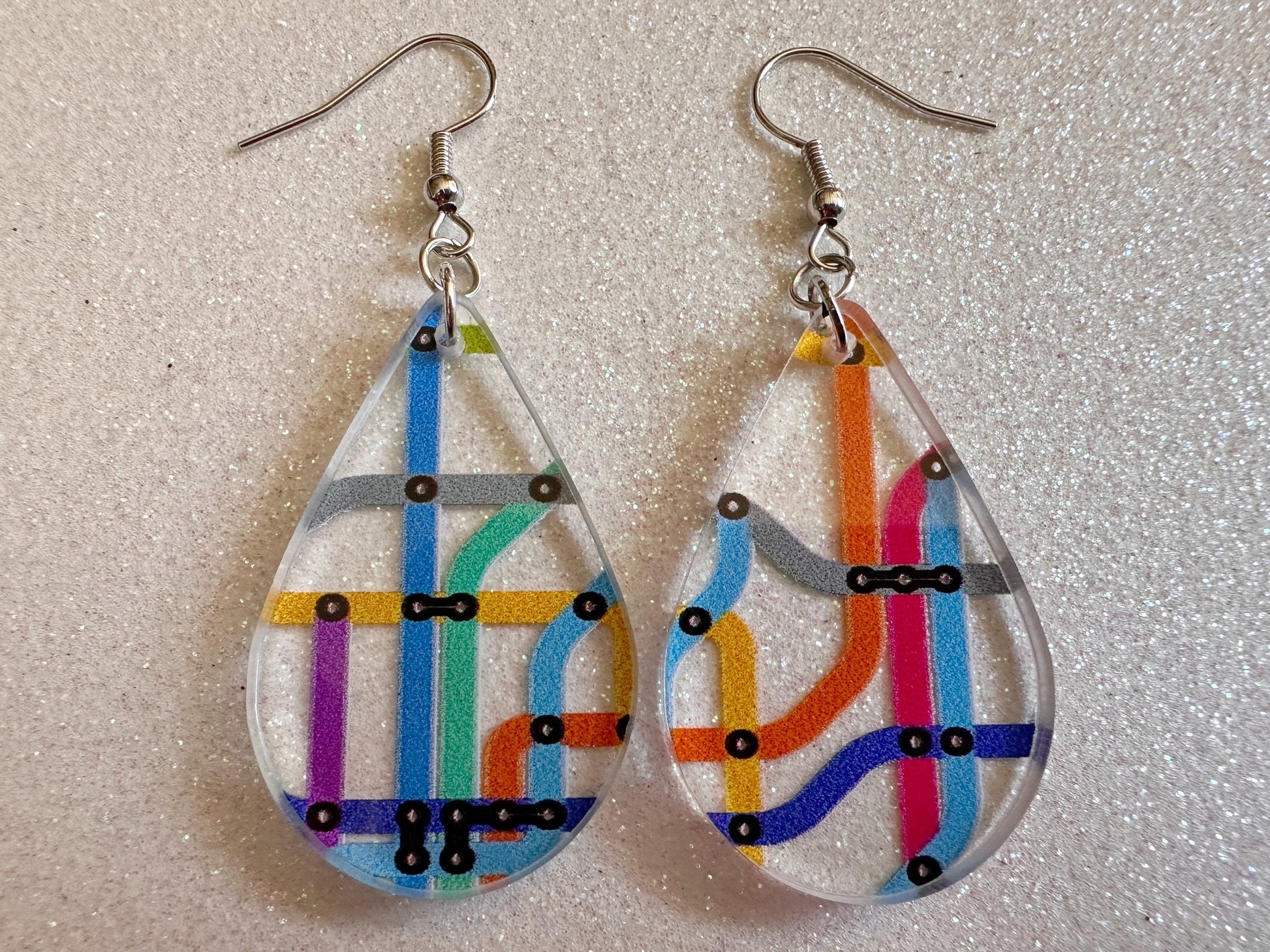 Subway Earrings: Laser Cut Acrylic Subway Map, NYC Subway, Metro, Underground, Travel, Train, U-Bahn, Colorful, Best Gifts for Her/Him/Them