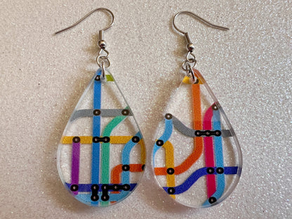 Subway Earrings: Laser Cut Acrylic Subway Map, NYC Subway, Metro, Underground, Travel, Train, U-Bahn, Colorful, Best Gifts for Her/Him/Them