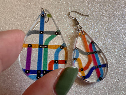 Subway Earrings: Laser Cut Acrylic Subway Map, NYC Subway, Metro, Underground, Travel, Train, U-Bahn, Colorful, Best Gifts for Her/Him/Them