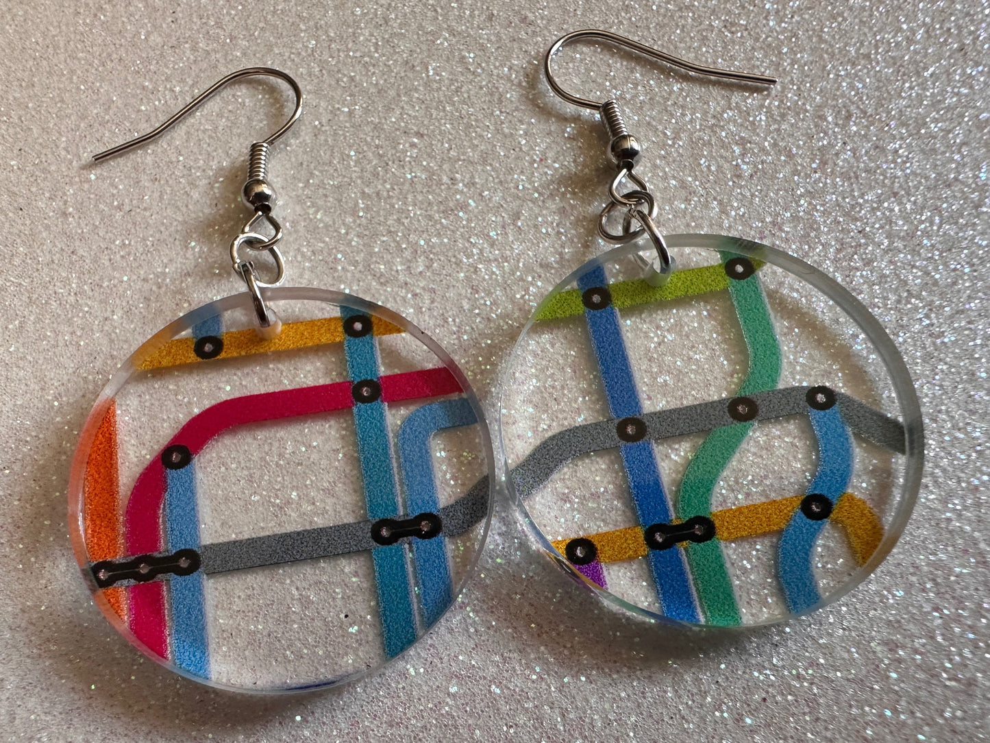 Subway Earrings: Laser Cut Acrylic Subway Map, NYC Subway, Metro, Underground, Travel, Train, U-Bahn, Colorful, Best Gifts for Her/Him/Them