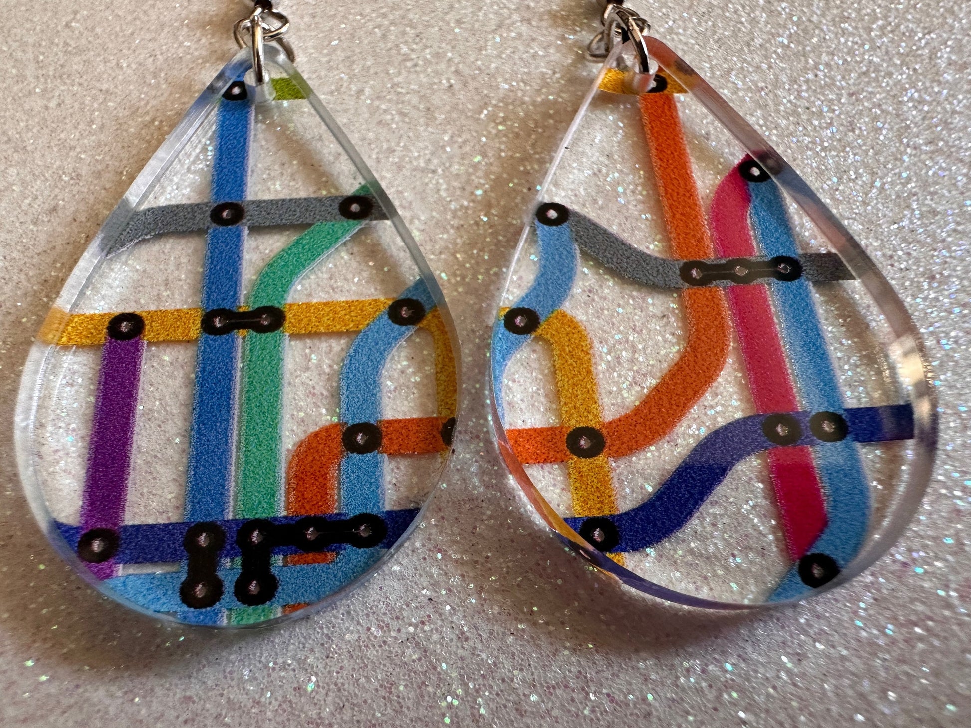 Subway Earrings: Laser Cut Acrylic Subway Map, NYC Subway, Metro, Underground, Travel, Train, U-Bahn, Colorful, Best Gifts for Her/Him/Them