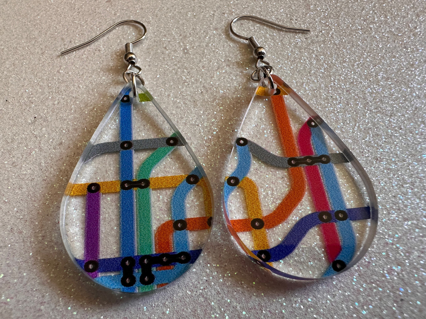 Subway Earrings: Laser Cut Acrylic Subway Map, NYC Subway, Metro, Underground, Travel, Train, U-Bahn, Colorful, Best Gifts for Her/Him/Them