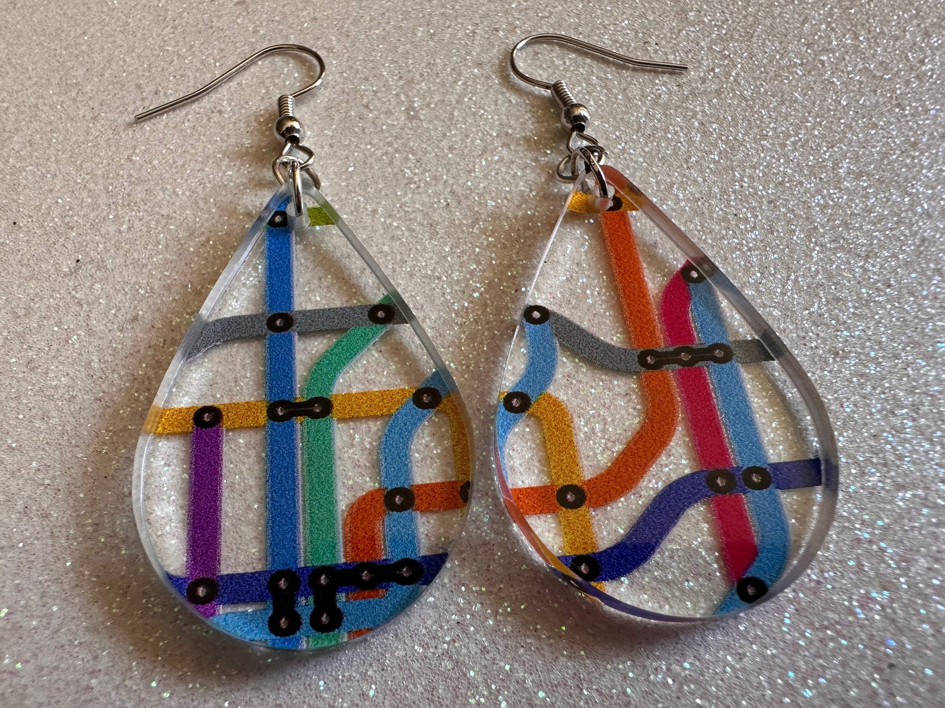 Subway Earrings: Laser Cut Acrylic Subway Map, NYC Subway, Metro, Underground, Travel, Train, U-Bahn, Colorful, Best Gifts for Her/Him/Them
