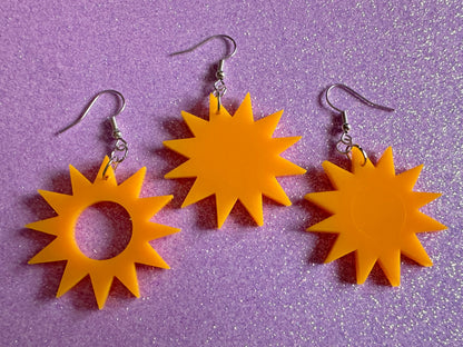 Sun Earrings: Laser Cut Acrylic Suns, Sunshine, Hot Weather, Good Weather, Warm Climate, Gifts for Her/Him/Them