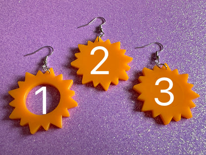 Sun Earrings: Laser Cut Acrylic Suns, Sunshine, Hot Weather, Good Weather, Warm Climate, Gifts for Her/Him/Them