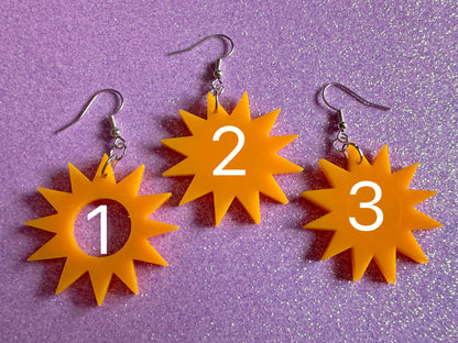 Sun Earrings: Laser Cut Acrylic Suns, Sunshine, Hot Weather, Good Weather, Warm Climate, Gifts for Her/Him/Them
