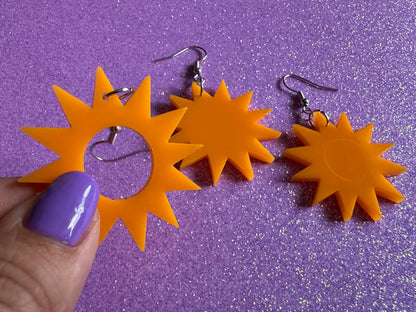 Sun Earrings: Laser Cut Acrylic Suns, Sunshine, Hot Weather, Good Weather, Warm Climate, Gifts for Her/Him/Them