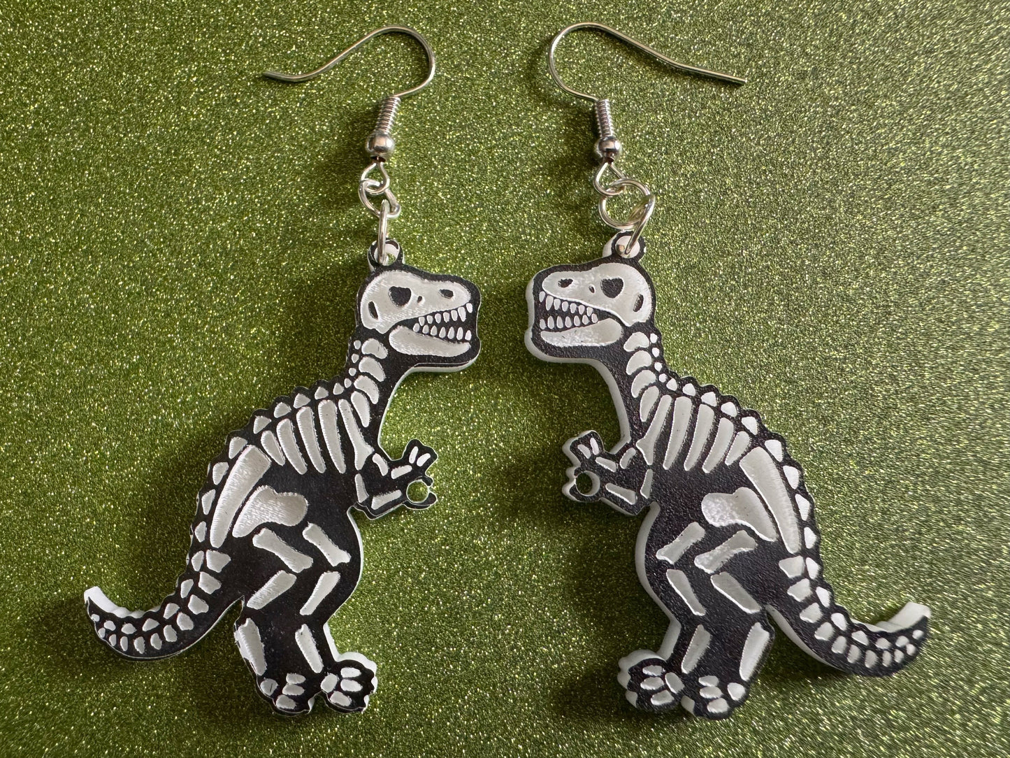 T-Rex Skeleton Earrings: Laser Cut Acrylic Dinosaurs with Hole, Halloween, Custom Dino Earrings, Tyrannosaurus, Best Gifts for Her/Him/Them