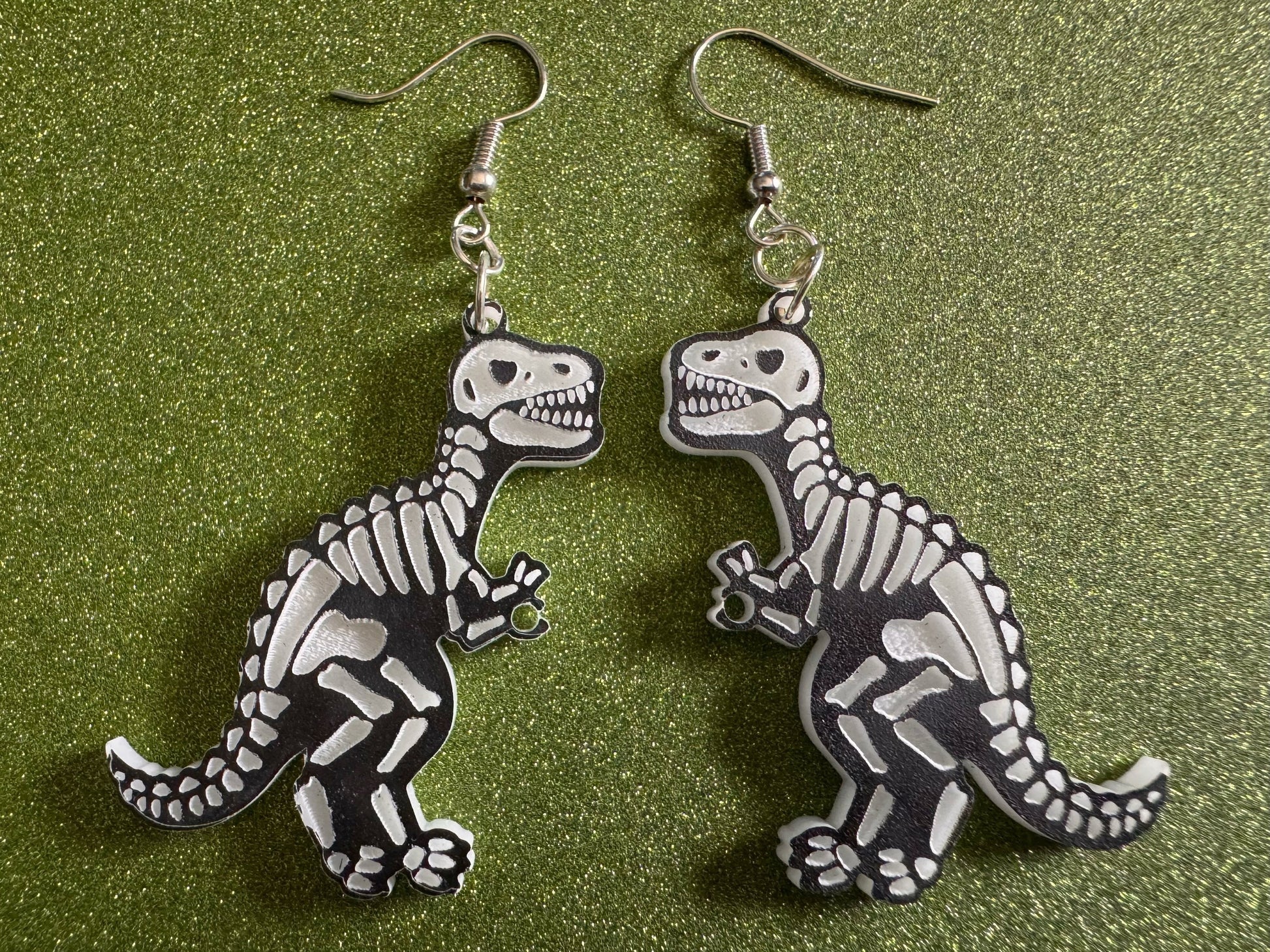T-Rex Skeleton Earrings: Laser Cut Acrylic Dinosaurs with Hole, Halloween, Custom Dino Earrings, Tyrannosaurus, Best Gifts for Her/Him/Them