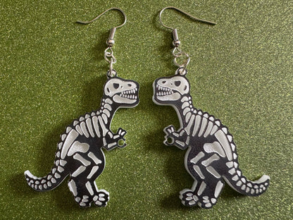 T-Rex Skeleton Earrings: Laser Cut Acrylic Dinosaurs with Hole, Halloween, Custom Dino Earrings, Tyrannosaurus, Best Gifts for Her/Him/Them