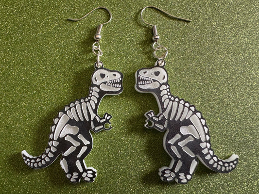 T-Rex Skeleton Earrings: Laser Cut Acrylic Dinosaurs with Hole, Halloween, Custom Dino Earrings, Tyrannosaurus, Best Gifts for Her/Him/Them