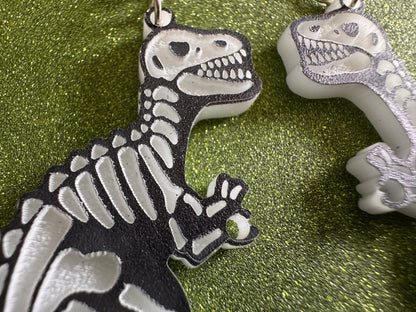 T-Rex Skeleton Earrings: Laser Cut Acrylic Dinosaurs with Hole, Halloween, Custom Dino Earrings, Tyrannosaurus, Best Gifts for Her/Him/Them