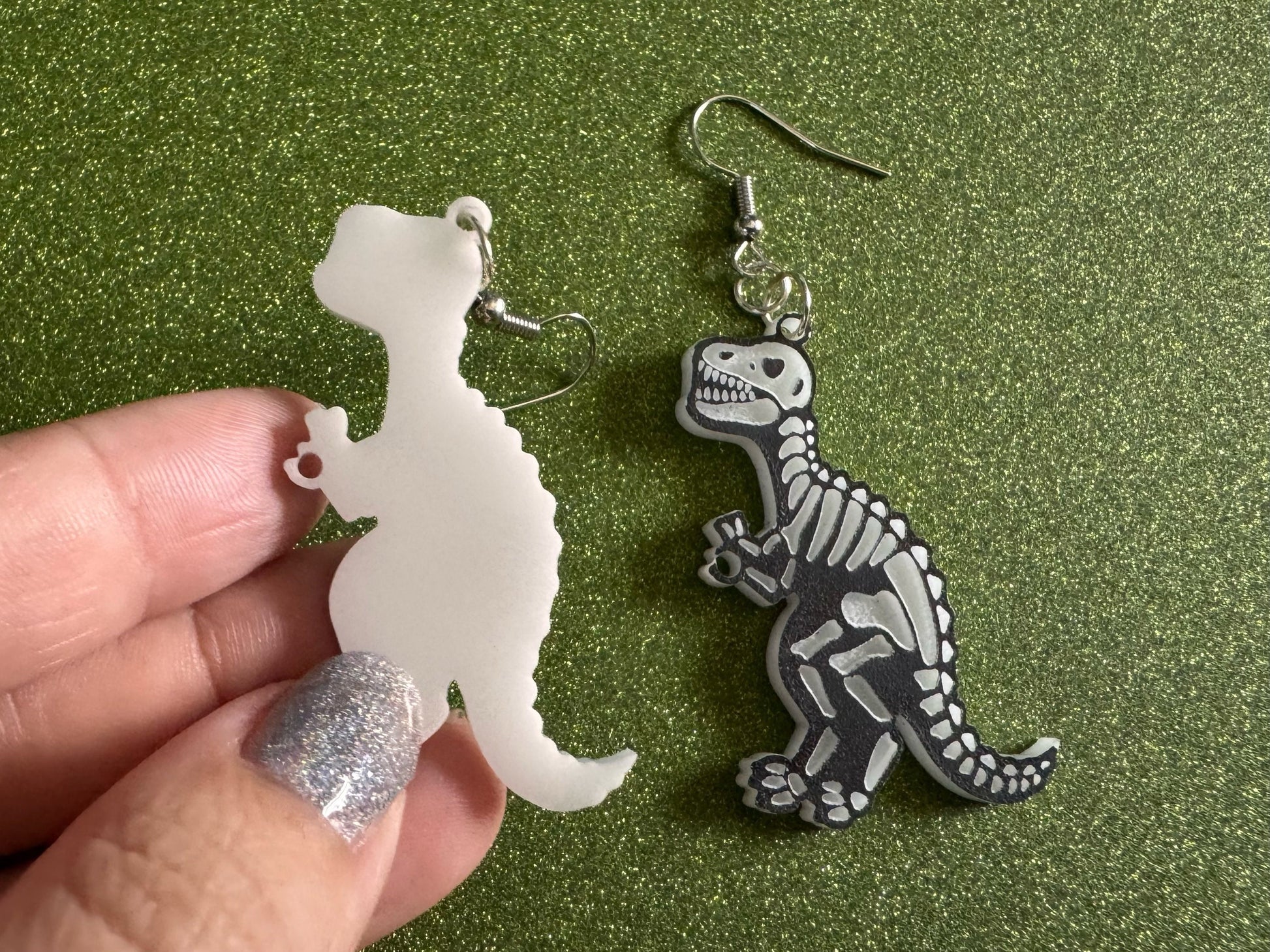 T-Rex Skeleton Earrings: Laser Cut Acrylic Dinosaurs with Hole, Halloween, Custom Dino Earrings, Tyrannosaurus, Best Gifts for Her/Him/Them