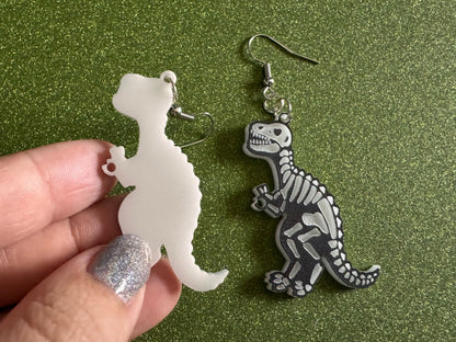 T-Rex Skeleton Earrings: Laser Cut Acrylic Dinosaurs with Hole, Halloween, Custom Dino Earrings, Tyrannosaurus, Best Gifts for Her/Him/Them