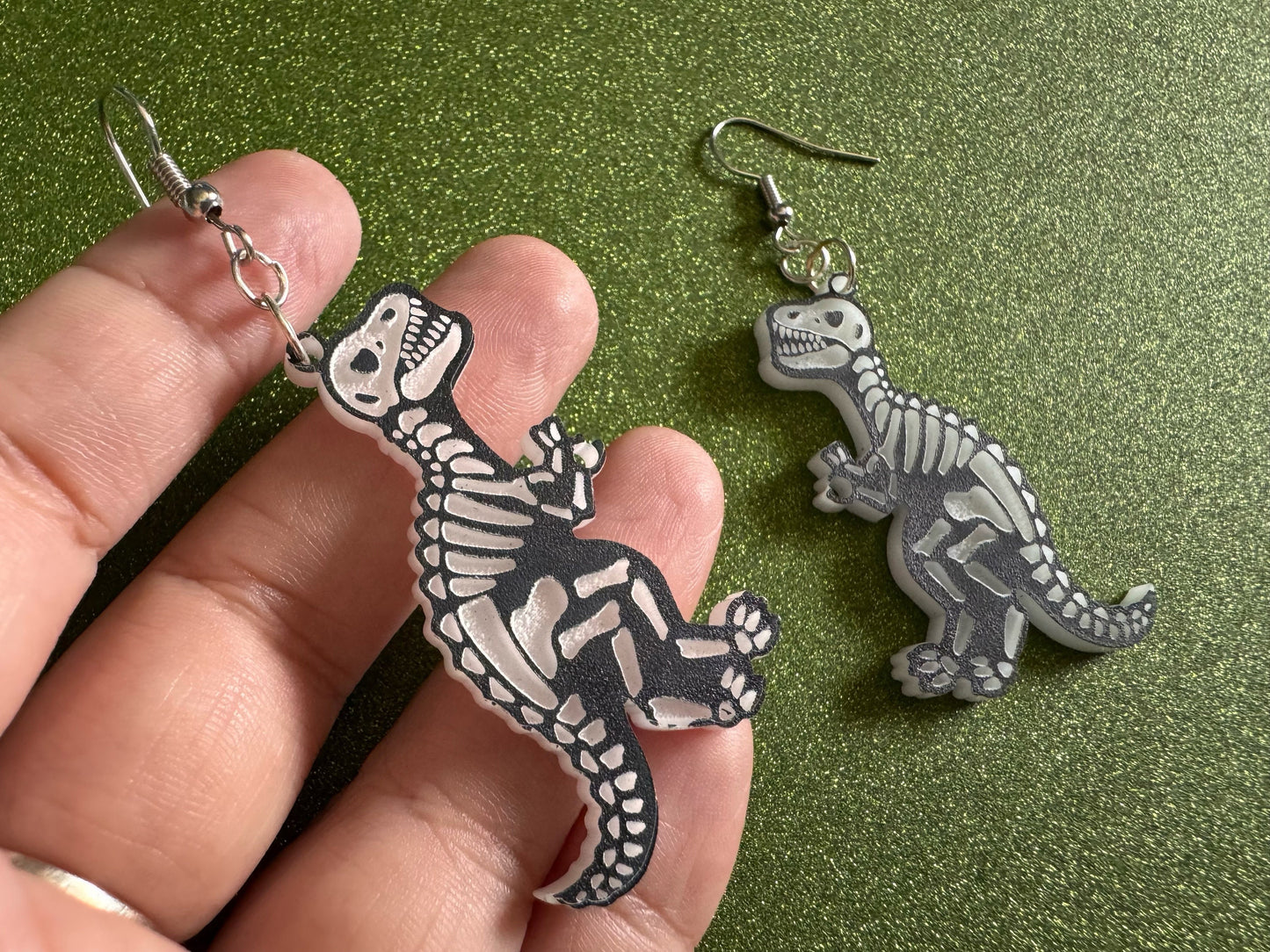 T-Rex Skeleton Earrings: Laser Cut Acrylic Dinosaurs with Hole, Halloween, Custom Dino Earrings, Tyrannosaurus, Best Gifts for Her/Him/Them