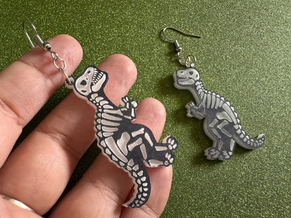 T-Rex Skeleton Earrings: Laser Cut Acrylic Dinosaurs with Hole, Halloween, Custom Dino Earrings, Tyrannosaurus, Best Gifts for Her/Him/Them
