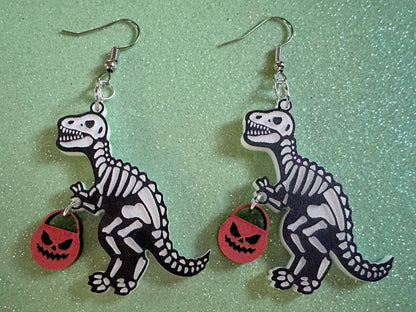 T-Rex Skeleton Earrings: Laser Cut Acrylic Dinosaurs with Jack-o-Lanterns, Halloween, Trick or Treat, Pumpkin, Best Gifts for Her/Him/Them