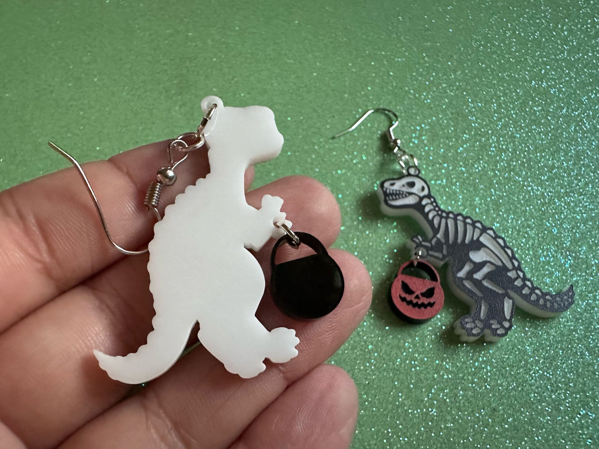 T-Rex Skeleton Earrings: Laser Cut Acrylic Dinosaurs with Jack-o-Lanterns, Halloween, Trick or Treat, Pumpkin, Best Gifts for Her/Him/Them