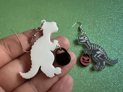 T-Rex Skeleton Earrings: Laser Cut Acrylic Dinosaurs with Jack-o-Lanterns, Halloween, Trick or Treat, Pumpkin, Best Gifts for Her/Him/Them