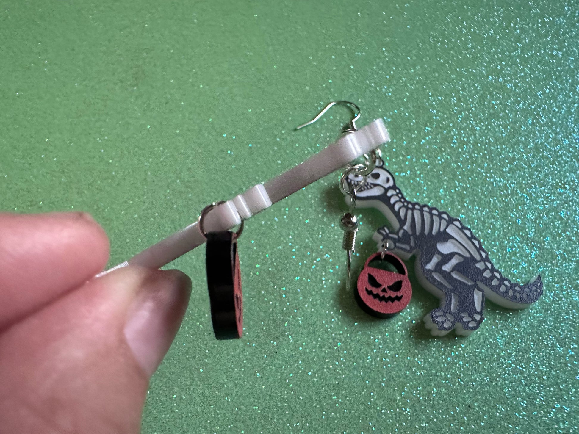 T-Rex Skeleton Earrings: Laser Cut Acrylic Dinosaurs with Jack-o-Lanterns, Halloween, Trick or Treat, Pumpkin, Best Gifts for Her/Him/Them